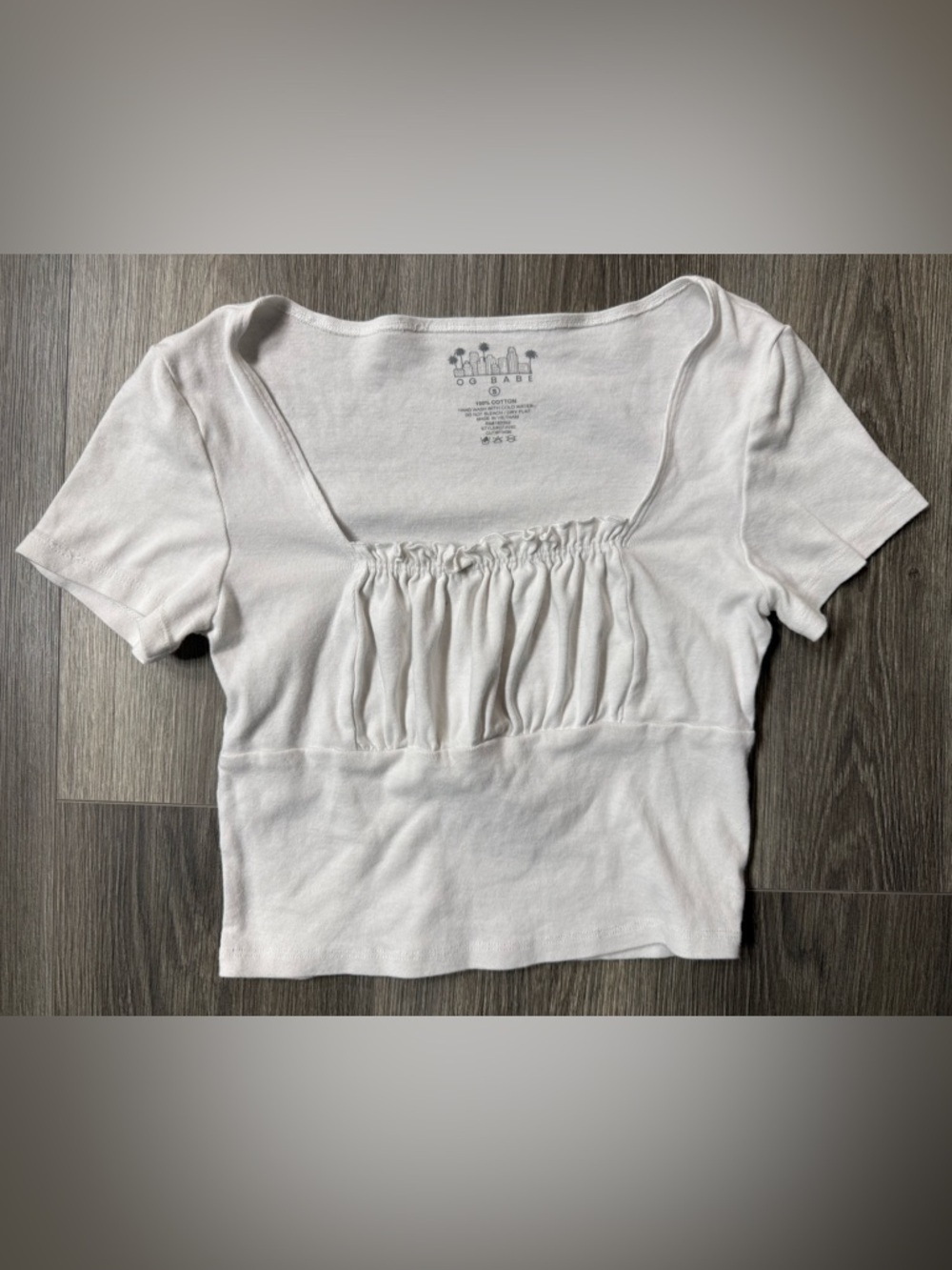 OG Babe White Ribbed Ruched Crop Top S Square Neck Baby Tee Cottagecore Y2K